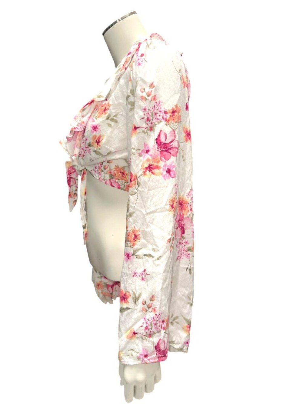 Forever 21 Size M Ivory Pink Floral Tie Front Crop Top Coquette Cottagecore Boho - Picture 3 of 8